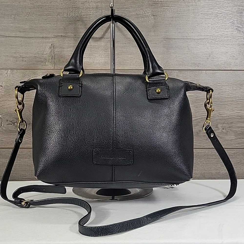 Isabella Fiore Black Tooled Leather Satchel Crossbody Shoulder Bag with Tassel